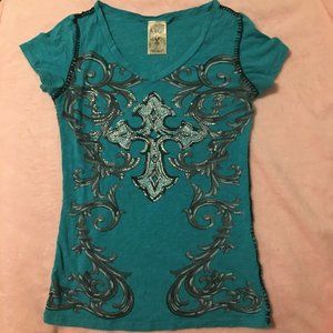 Vocal Blue Rhinestones Crosses Shirt L